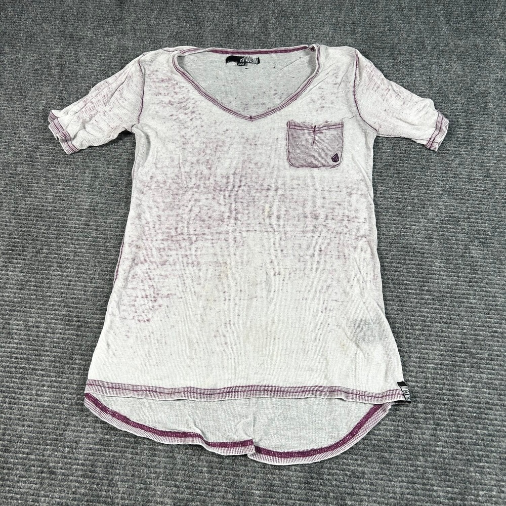 Volcom T-Shirt Womens M White Purple Excellent Burnout V-Neck Pocket Tee